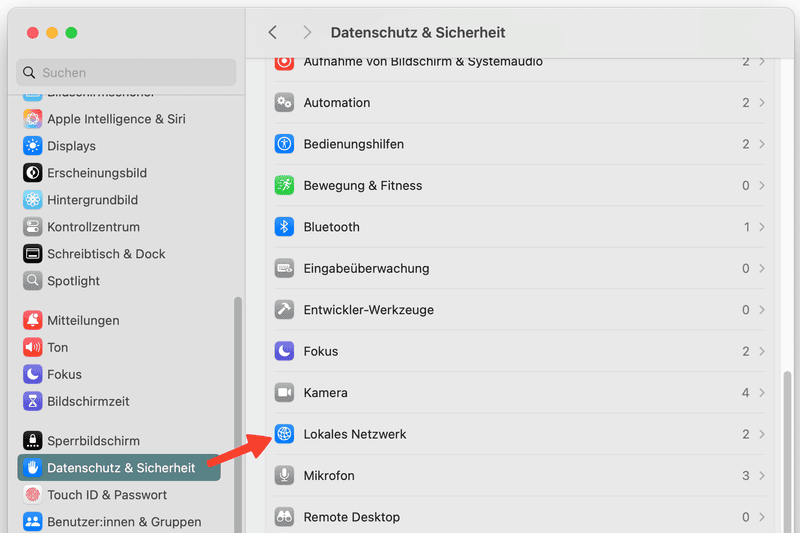 Einstellungen in macOS - Datenschutz und Sicherheit - Lokales Netzwerk Einstellungen in macOS - Datenschutz und Sicherheit - Lokales Netzwerk